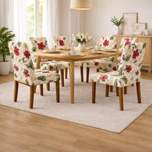 Quilted Chair Cover Set Of 6 - Exclusive Spandex Anti-Cat Design - White/Red Floral - View 1