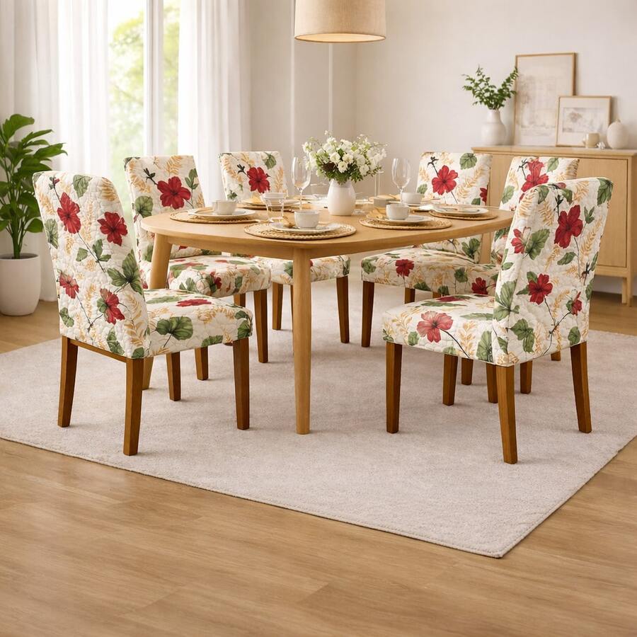 Quilted Chair Cover Set Of 6 - Exclusive Spandex Anti-Cat Design - White/Red Floral - View 1