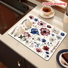1/10Pcs Watercolor Flower Pattern Dish Drying Mat For Kitchen Counter-Coffee Mat Bar Accessories, Hide Stain, Rubber Backed, Absorbent, Fit Under Coffee Maker, Espresso Machine, Pot, Dish Rack - Beige - View 16