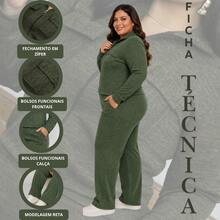 Women's Plus Size Ribbed Knit Set With Front Zipper And Pockets, Elastic Waist Pants, Casual Fashion - Green - View 4