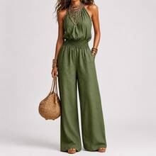 Women's Khaki Boho Halter Wide Leg Jumpsuit, Sexy Sleeveless Smocked Waist, Light Linen-Like Fabric, Summer Essential For Beach & Casual Daily Wear - Green - View 3