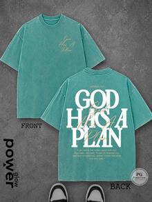 Vintage Washed Cotton T-Shirt Jesus Tee God Has A Plan Graphic Tee Double-Sided Print Washed T-Shirt Holiday Gifts Y2K Men's Graphic Tees, Street - Style Vintage Washed T - Shirts, 230G Cotton T - Shirts, 100% Pure Cotton, Unisex Graphic Tees Halloween Back To School ShirtsNew Casual T-Shirts For Men And Women100Cotton - hồ xanh - Xem 1