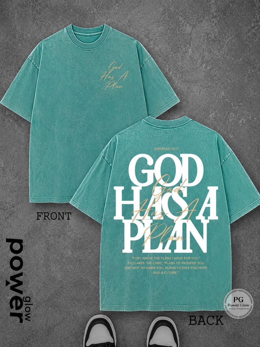 Vintage Washed Cotton T-Shirt Jesus Tee God Has A Plan Graphic Tee Double-Sided Print Washed T-Shirt Holiday Gifts Y2K Men's Graphic Tees, Street - Style Vintage Washed T - Shirts, 230G Cotton T - Shirts, 100% Pure Cotton, Unisex Graphic Tees Halloween Back To School ShirtsNew Casual T-Shirts For Men And Women100Cotton - hồ xanh - Xem 1