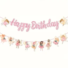 1套花仙子主題生日橫幅，印有「Happy Birthday」，附贈【針線貼心禮品】，適合主題生日派對牆面裝飾，適用時尚慶祝場合，是理想的生日禮物、節日裝飾及牆面或房間佈置 - 連體字-花仙女 - 查看 6