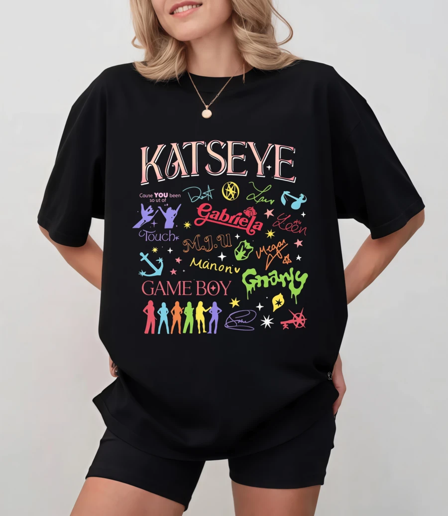 KATSEYE Colorful Graffiti Print T-Shirt, American Streetwear Style, Summer - Black - View 1