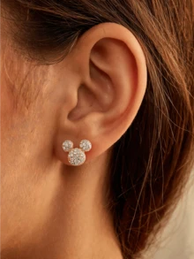 Miniso 1 Pair Disney Mickey Mouse Rhinestone Stud Earrings, Gold Tone, Lightweight And Comfortable, Women's Daily Party Gift, Fashionable Sparkling Jewelry - Style1 - View 3