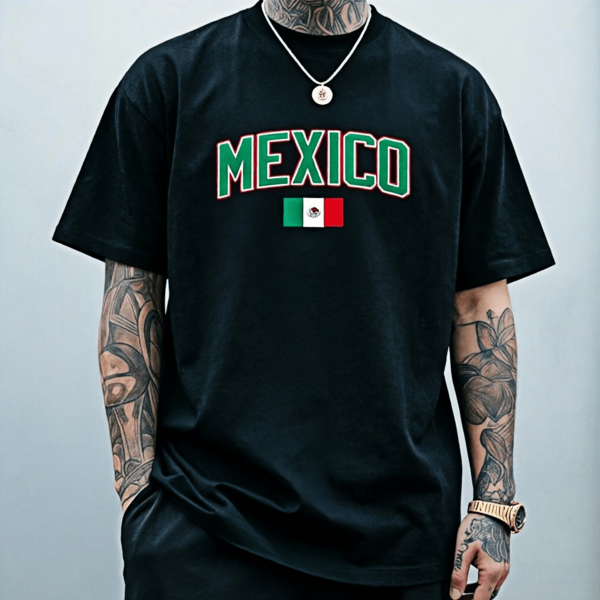 Camiseta Hombre de Poliéster, Color Negro, Estampado Bandera Mexicana y Letras México, Talla Grande Oversize, Manga Corta Tee Casual Urbana, 2026, Ideal para Uso Diario y Regalos Patrióticos