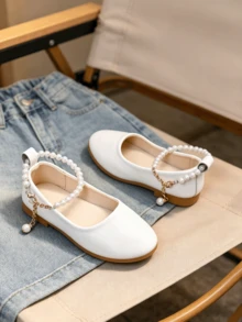 Girls' Pearl Ankle Strap Mary Jane Flats, Breathable Lining, Non-Slip Soft Sole - White - View 2