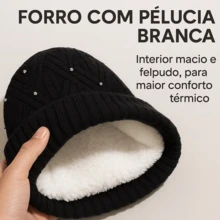 Women's Winter Thermal Hat With Glitter, Hypoallergenic, Lined With A Cute And Stylish Pom-Pom, Warm And Stylish. - MYA-39 preto c/ detalhe - 查看 3
