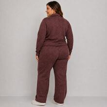 Women's Plus Size Ribbed Knit Set With Front Zipper And Pockets, Elastic Waist Pants, Casual Fashion - Óxido marrón - Ver 2
