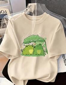 Women's Printed Short-Sleeved T-Shirt Featuring Two Frogs Joined Beneath A Lotus Leaf, Decorated With Hearts. Casual Crew Neck T-Shirt For Women, Suitable For All Seasons - Unisex Loose-Fitting Cotton Short-Sleeved Crew Neck T-Shirt, Long-Sleeved T-Shirt, Perfect For Spring, Casual Tops, Basic T-Shirt, Unisex, For Couples, Men, And Women - 杏色 - 查看 2