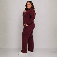 Women's Plus Size Ribbed Knit Set With Front Zipper And Pockets, Elastic Waist Pants, Casual Fashion - Burgundy - View 6