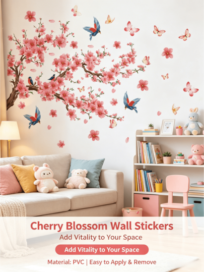 1 Buah Stiker Dinding Besar Pohon Sakura Merah Muda, Dekorasi Dinding Ranting Bunga & Burung untuk Ruang Tamu, Kamar Tidur, Dinding TV, Stiker Dinding Bunga Sakura Musim Semi & Burung Terbang, Dekorasi Dinding Gaya Feminin, Stiker Dekorasi Rumah Hemat Biaya Gaya Jepang ala