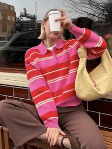 GDDYIN Women's Autumn New Arrival Retro Colorblock Striped Polo Neck Casual Top Pink - Pink - View 3