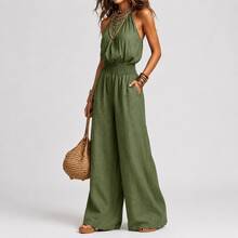 Women's Khaki Boho Halter Wide Leg Jumpsuit, Sexy Sleeveless Smocked Waist, Light Linen-Like Fabric, Summer Essential For Beach & Casual Daily Wear - Green - View 4