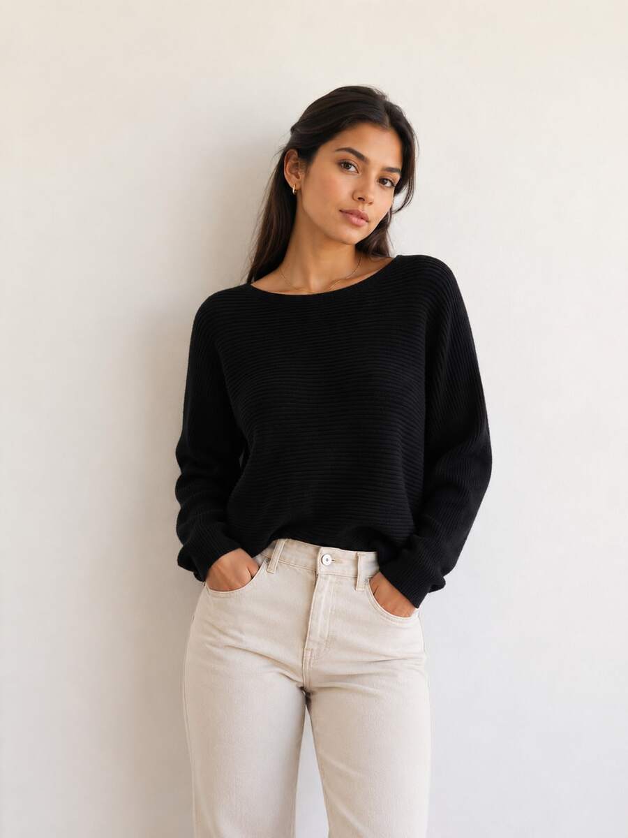 Women's Black Knit Blouse With Batwing Sleeves, Oversized Ribbed Knit Sweater, Loose Fit, Casual Fashion - 黑色 - 查看 1