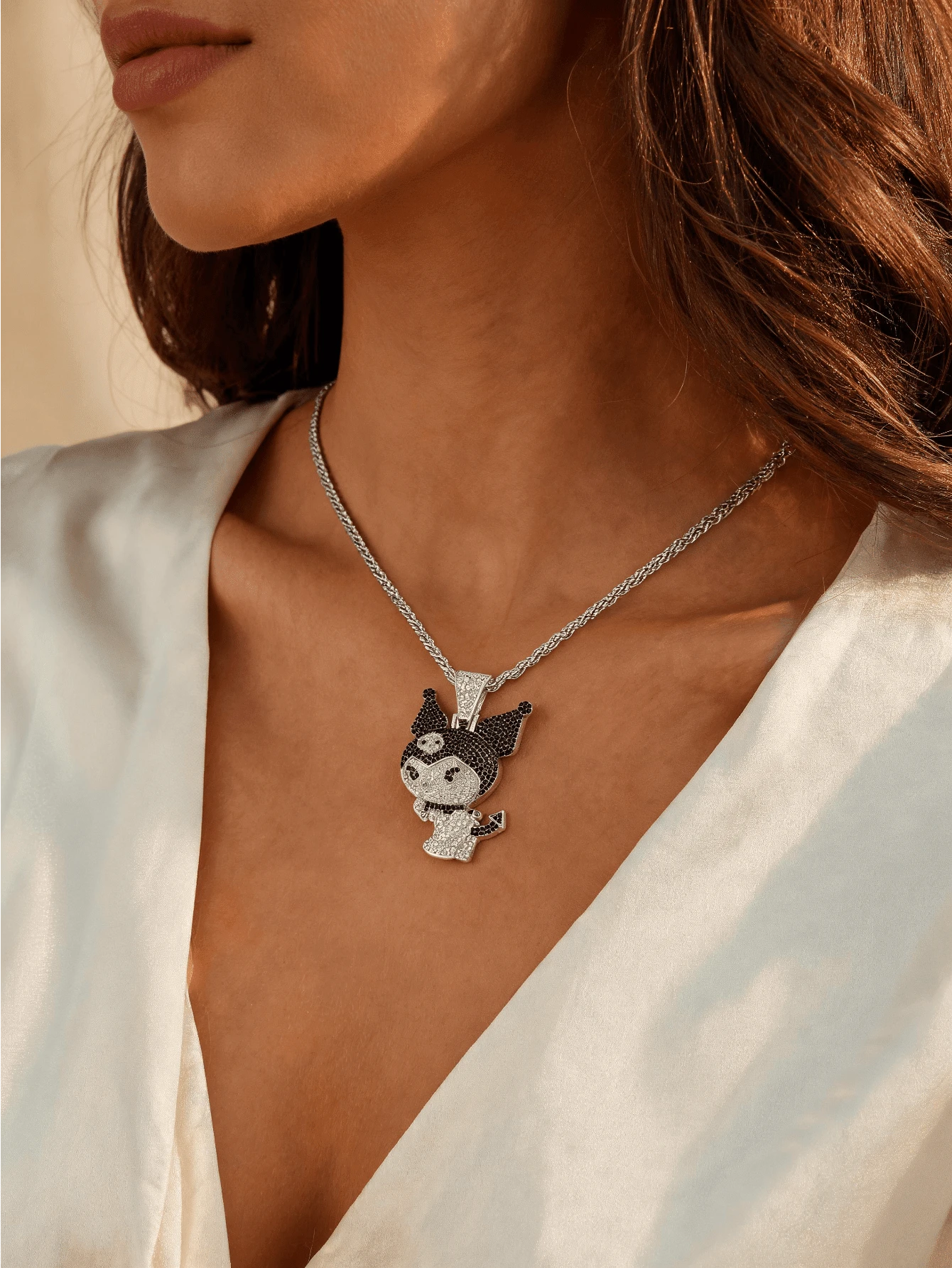 Miniso Kuromi Full Rhinestone Pendant Necklace 1Pc Rope Chain Sparkling Lightweight For Women Daily Party Travel Work Gift Versatile - Style1 - View 1