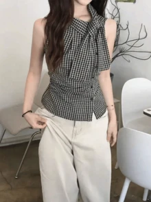 Yorily 韓式復古格紋繫帶收腰襯衫，修身無袖上衣，夏季黑色休閒上衣 - 黑色 - 查看 5