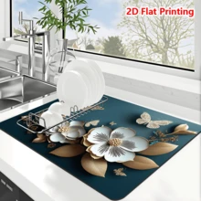 1/10Pcs Alfombrilla de Secado de Platos con Flor Plana 2D para Encimera de Cocina, Alfombrilla de Diatomita Antideslizante, Alfombrilla Absorbente para Café, Alfombrilla de Secado de Platos de Moda para Encimera de Cocina Accesorios de Barra de Café Máquina de Espresso Escurridor de Platos - verde menta - Ver 2