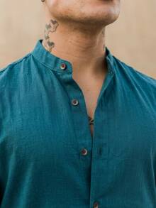 Men's Short Sleeve Shirt With Priest Collar, Premium Quality, Light And Fresh Fabric, Easy To Iron, Summer , End Of Year And Beach - 水鴨藍 - 查看 2