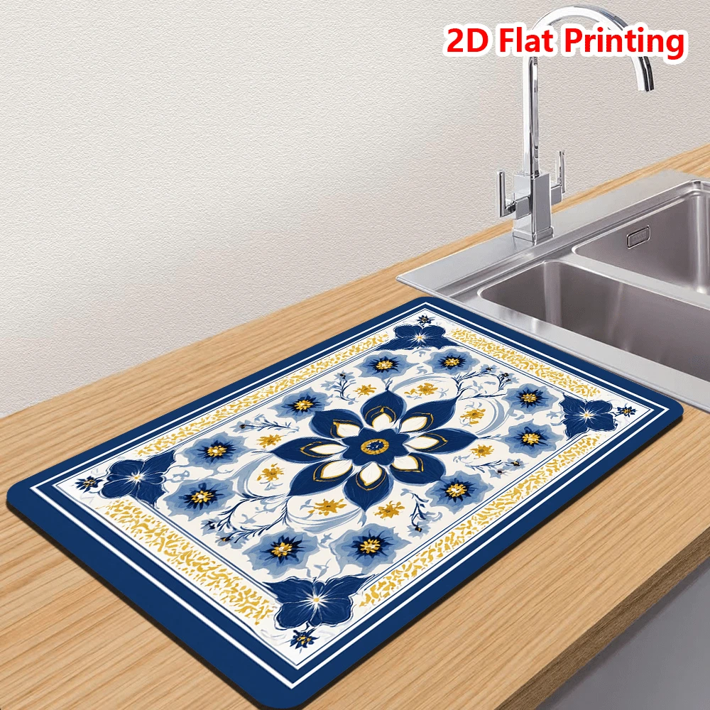 1/10pcs Blue And White Dish Drying Mat For Kitchen Counter, Vintage Flowers Printed Placemat For Espresso Machine, Home Decoration, Non-Slip Rubber Backed, Hide Stain Kitchen Super Absorbent Draining Mat, Easy To Clean Dish Rack Pad - Blue - View 1