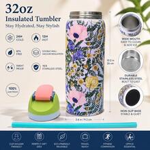 32oz Vacuum Insulated Water Bottles/Stainless Steel Material/Travel Mugs/Suitable For Both Hot And Cold Drinks, Available In Various Floral Patterns. An Essential Item For The Office, School, And Travel. - 紫色 - 查看 2