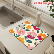 1/10Pcs Spring Flower Pattern Dish Drying Mat For Kitchen Counter, Non-Slip Heat Resistant Diatom Drainer Mats, Hide Stain Kitchen Super Absorbent Draining Mat, Easy To Clean Dish Rack Pad, For Espresso Machine,Coffee Station,Cups & Sink - Multicolor - View 4