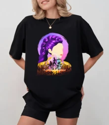 Rundringad t-shirt med tryckt idolsilhuett, neonlila, sommar, mångsidig - Svart - Visa 1