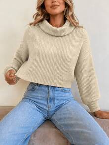 Women's Cropped Knit Blouse With High Neck, Comfortable Knit, Long Puff Sleeves, For Cold Winter. - 沙 - 查看 1