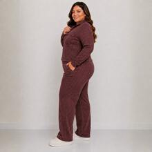 Women's Plus Size Ribbed Knit Set With Front Zipper And Pockets, Elastic Waist Pants, Casual Fashion - Óxido marrón - Ver 6