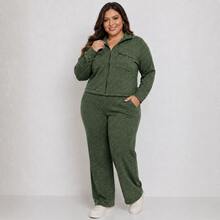 Women's Plus Size Ribbed Knit Set With Front Zipper And Pockets, Elastic Waist Pants, Casual Fashion - Green - View 1