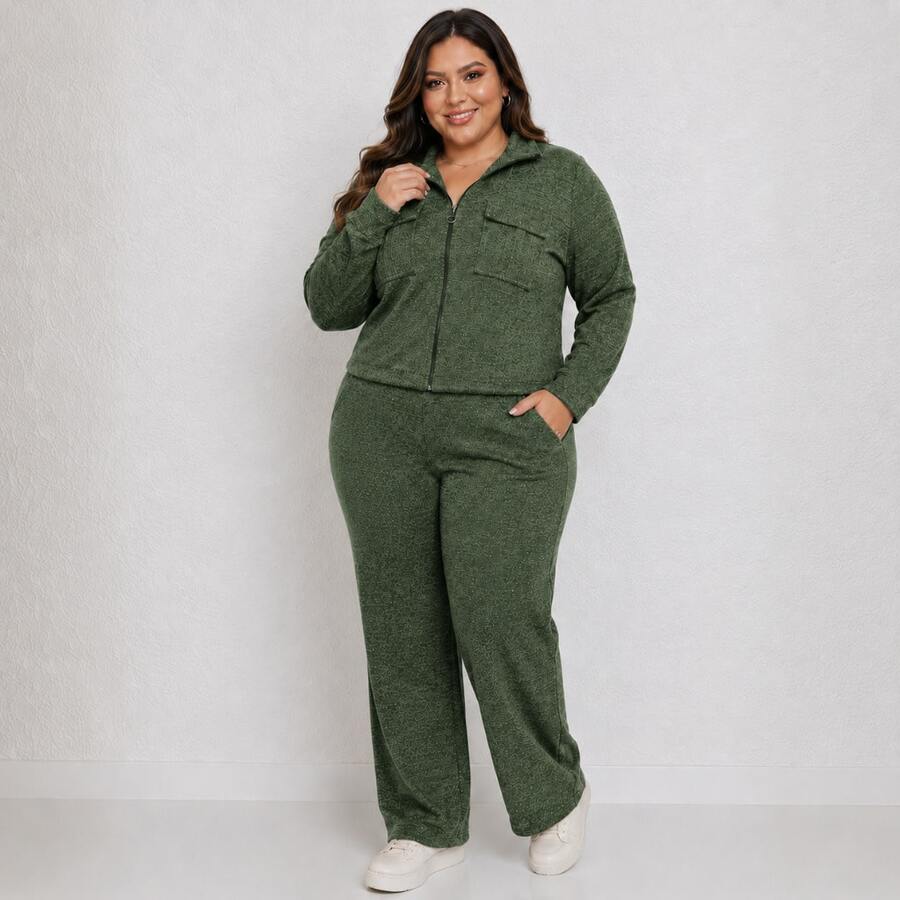 Women's Plus Size Ribbed Knit Set With Front Zipper And Pockets, Elastic Waist Pants, Casual Fashion - Green - View 1