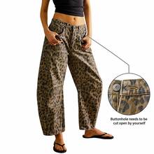 Women's Jeans Section: Women's Horseshoe-Shaped Barrel Jeans, Mid-Waist Wide-Leg Jeans, Loose Fit, Slim Tapered Leg Casual Jeans. - 豹紋 - 查看 2
