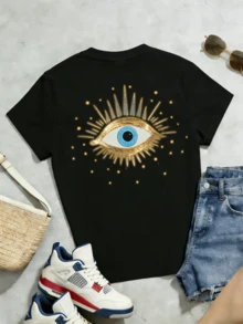 Women's Summer Casual Soft Round Neck Short Sleeve T-Shirt,The Evil Eye Print Graphic Fits Spring And Summer Boho Wear. - Negro - Ver 5