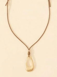 Old Money Bohemian Minimalist Open Teardrop Pendant Necklace, Brown Adjustable Braided Cord Gold-Plated Exaggerated Jewelry, Women's Daily Vacation Premium Accessory Gift - Yellow Gold - View 3