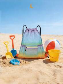 Ombre Rainbow/Green Mesh Drawstring Backpack, Summer Breathable Beach Bag, Large Capacity Lightweight Gym Swim Drawstring Bag, Dual Use As Backpack & Drawstring Bag, Suitable For Sports, Beach, Commuting, Student Travel, Unisex - Multicolor - View 16