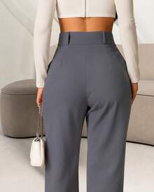 Women's Pants/Tailored Pants/Basic Pants/Elegant Pants/Skinny Pants/Pocket Zipper Button - 深灰色 - 查看 6