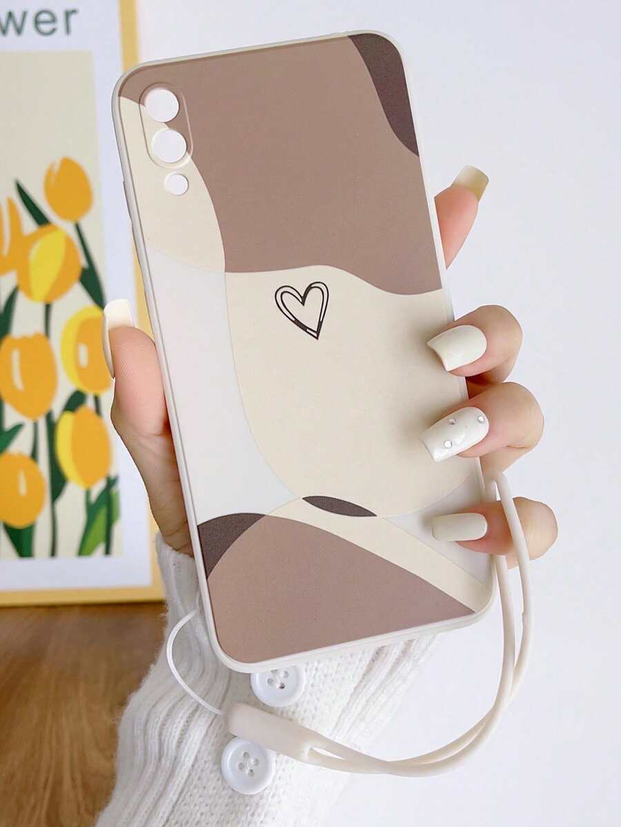 1pc Solid Color TPU Heart Graffiti Pattern Shockproof Waterproof Phone Case And 1pc Solid Color Silicone Lanyard Strap Compatible With IPhone/Android Phones - Multicolor - View 1