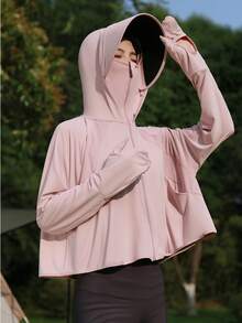 冰絲防曬衣女款夏季UV薄款罩衫戶外騎行防曬衣指尖長度寬鬆薄款防曬衣 - 可拆卸黑膠帽簷手套款 - 查看 3