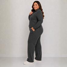 Women's Plus Size Ribbed Knit Set With Front Zipper And Pockets, Elastic Waist Pants, Casual Fashion - Negro - Ver 6