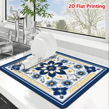 1/10pcs Blue And White Dish Drying Mat For Kitchen Counter, Vintage Flowers Printed Placemat For Espresso Machine, Home Decoration, Non-Slip Rubber Backed, Hide Stain Kitchen Super Absorbent Draining Mat, Easy To Clean Dish Rack Pad - Blue - View 2