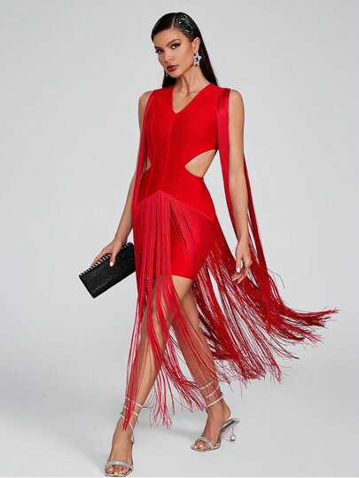  Vestido de fiesta Girsdy rojo sexy con escote en V sin mangas, recortado, ajustado, con detalles de flecos, adecuado para cócteles, banquetes, cumpleaños