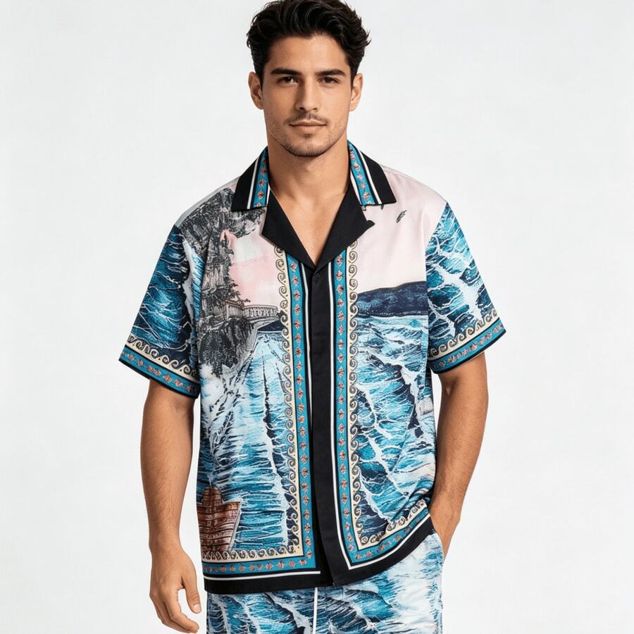 Conjunto casual holgado para hombre con estampado digital abstracto (Olas del océano) - Azul - Ver 1