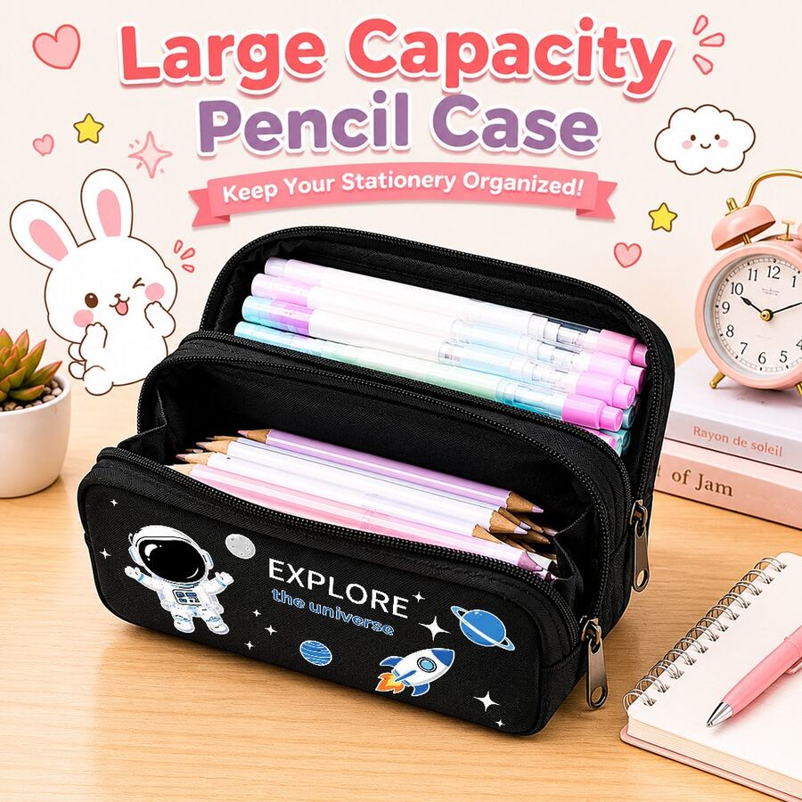 Carton Astronaut Large Capacity Easy Japanese Pencil Case New Stationery Box Pencil Case Cosmetic Storage Bag. Multifunctional Stationery Bag, Stationery Pencils And Pens Marker Storage Bag, Marker Box, Pen Box, Beauty Cosmetic Bag,Back To School Pen Bag - Multicolor - View 1