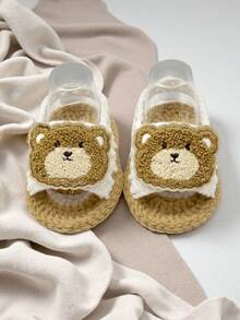 1 Pair Hand-Crocheted Infant Booties With Teddy Bear Pattern, Knitted Infant Shoes, Beige, Newborn - White - View 3