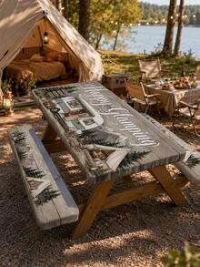 1套4-8英呎戶外野餐桌布套組，Happy Glamping RV松樹印花，彈性邊緣1張桌子2張長凳套，防水防污露營RV野餐派對裝飾 - 彩色 - 查看 3