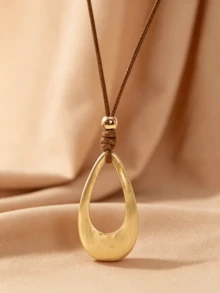 Old Money Bohemian Minimalist Open Teardrop Pendant Necklace, Brown Adjustable Braided Cord Gold-Plated Exaggerated Jewelry, Women's Daily Vacation Premium Accessory Gift - Yellow Gold - View 1