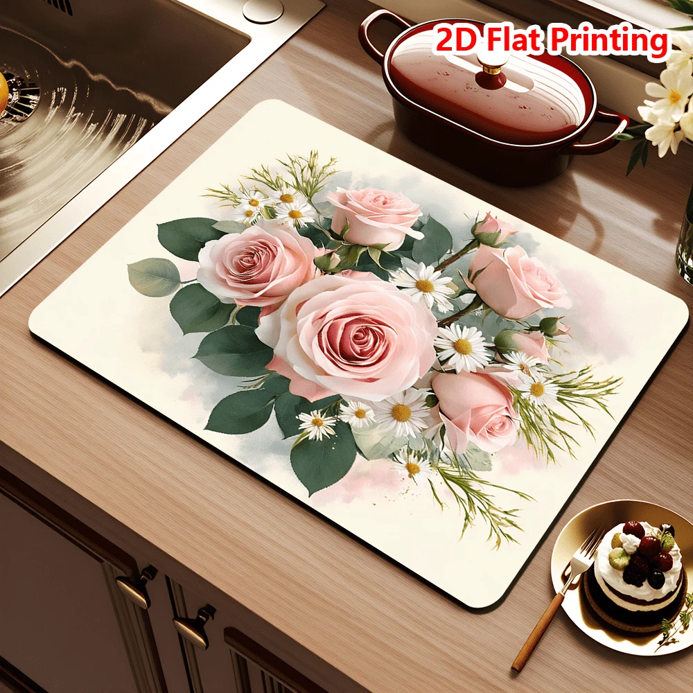 1/10Pcs Floral Printed Absorbent Dish Drying Mat For Kitchen Counter,Coffee Bar Mat,Non-Slip Rubber Backed,Hide Stains & Quick Dry,For Espresso Machine,Coffee Station,Cups & Sink - Multicolor - View 1