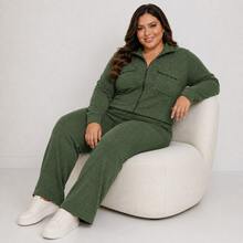 Women's Plus Size Ribbed Knit Set With Front Zipper And Pockets, Elastic Waist Pants, Casual Fashion - Green - View 5