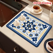 1/10pcs Blue And White Dish Drying Mat For Kitchen Counter, Vintage Flowers Printed Placemat For Espresso Machine, Home Decoration, Non-Slip Rubber Backed, Hide Stain Kitchen Super Absorbent Draining Mat, Easy To Clean Dish Rack Pad - Blue - View 4